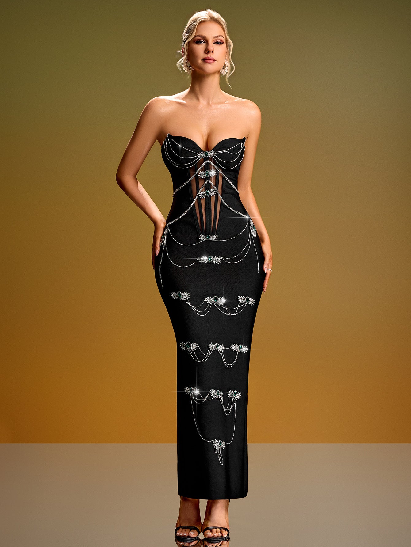 Strapless Rhinestone Corset Maxi Dress