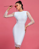 Round Neck Long Sleeve Lace Midi Bandage Dress