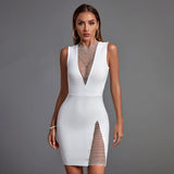 Round Neck Sleeveless Rhinestone Mini Bandage Dress