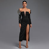 Off Shoulder Long Sleeve Maxi Rhinestone Bandage Dress