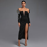 Off Shoulder Long Sleeve Maxi Rhinestone Bandage Dress
