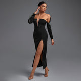 Off Shoulder Long Sleeve Maxi Rhinestone Bandage Dress