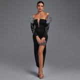 Off Shoulder Long Sleeve Maxi Rhinestone Bandage Dress