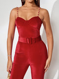Harley Red Velvet Jumpsuit With Belt