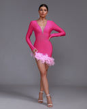 V-neck Crystal Trim Feather Bandage Dress