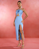 Blue Flower Cut Out Bandage Dress