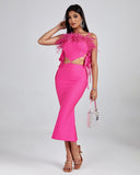 Strappy Feather Trim Hollow Out Bandage Dress