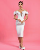Off Shoulder Feather Trim Bandage Dress