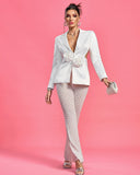 V Neck Cutout Pearl Jacket & Pants Set