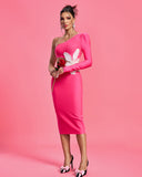 One Shoulder Pearl Applique Midi Bandage Dress