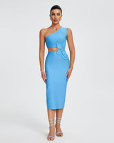 Sky Blue Flower Applique Midi Bandage Dress
