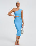 Sky Blue Flower Applique Midi Bandage Dress