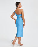 Sky Blue Flower Applique Midi Bandage Dress