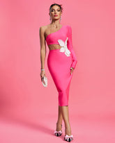 One Shoulder Pearl Applique Midi Bandage Dress