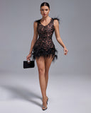 Feather Trim Mini Sequins Dress