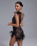 Feather Trim Mini Sequins Dress