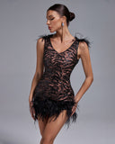Feather Trim Mini Sequins Dress