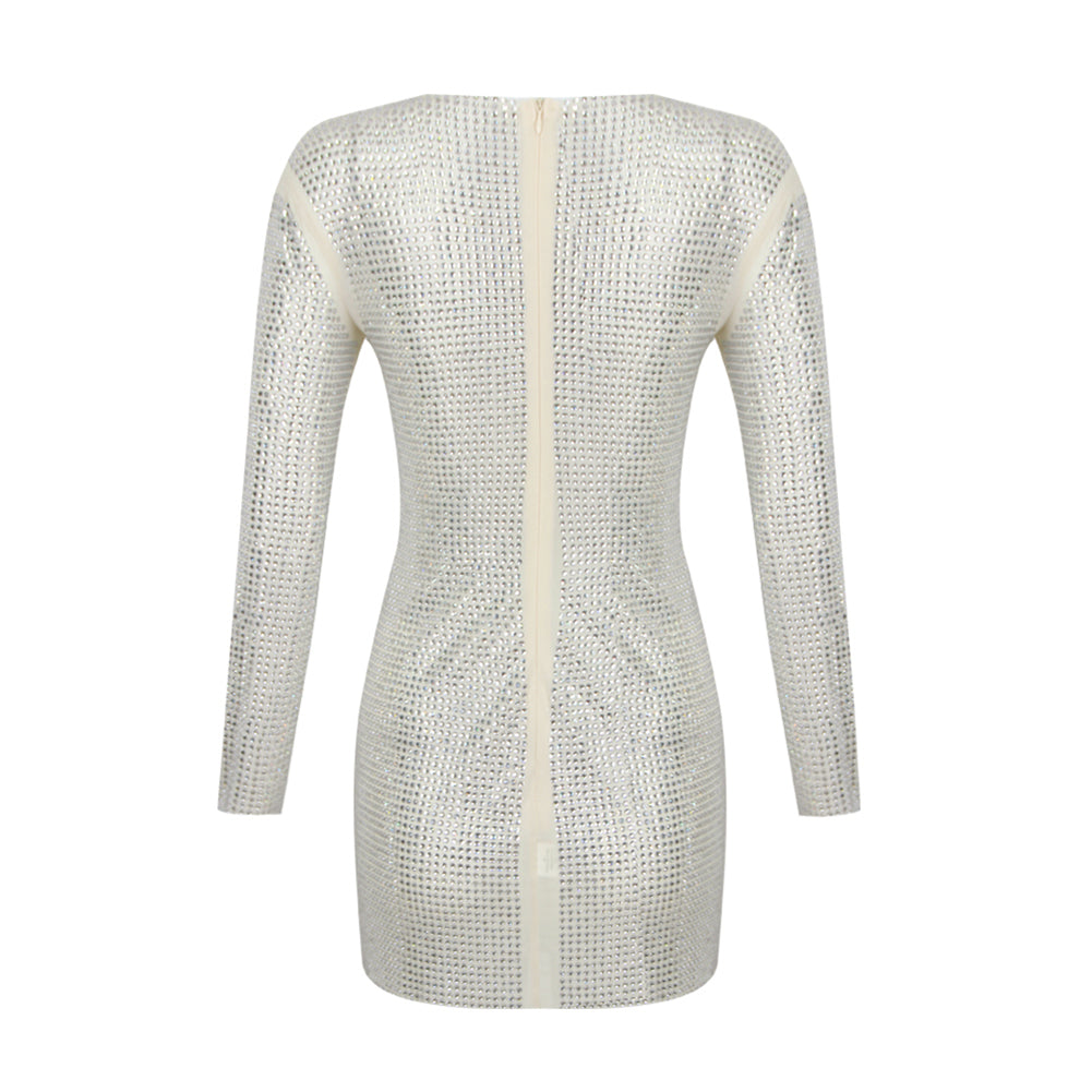 Round Neck Long Sleeve Rhinestone Mini Bodycon Dress HL9485