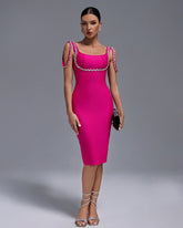 Square Neck Rhinestone Midi Bandage Dress