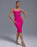 Square Neck Rhinestone Midi Bandage Dress