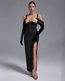 Sparkly Rose High Slit Bandage Dress With Gloves