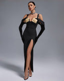 Sparkly Rose High Slit Bandage Dress With Gloves