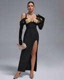 Sparkly Rose High Slit Bandage Dress With Gloves
