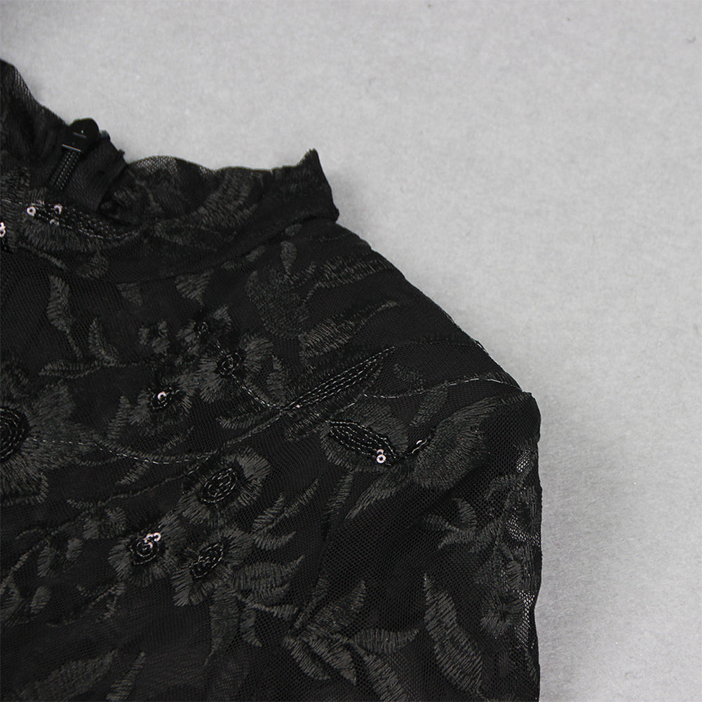 Semi-High Collar Long Sleeve Lace Embroidery Bandage Jumpsuit HL95621