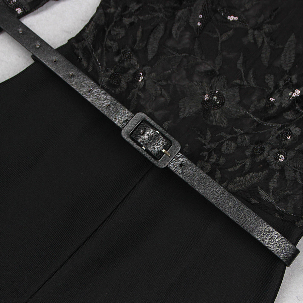 Semi-High Collar Long Sleeve Lace Embroidery Bandage Jumpsuit HL95621