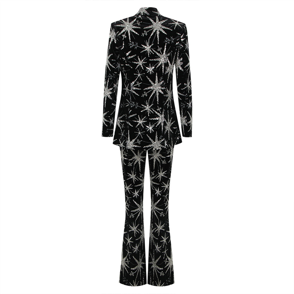 V Neck Long Sleeve Sequins Bodycon Suit HL9581