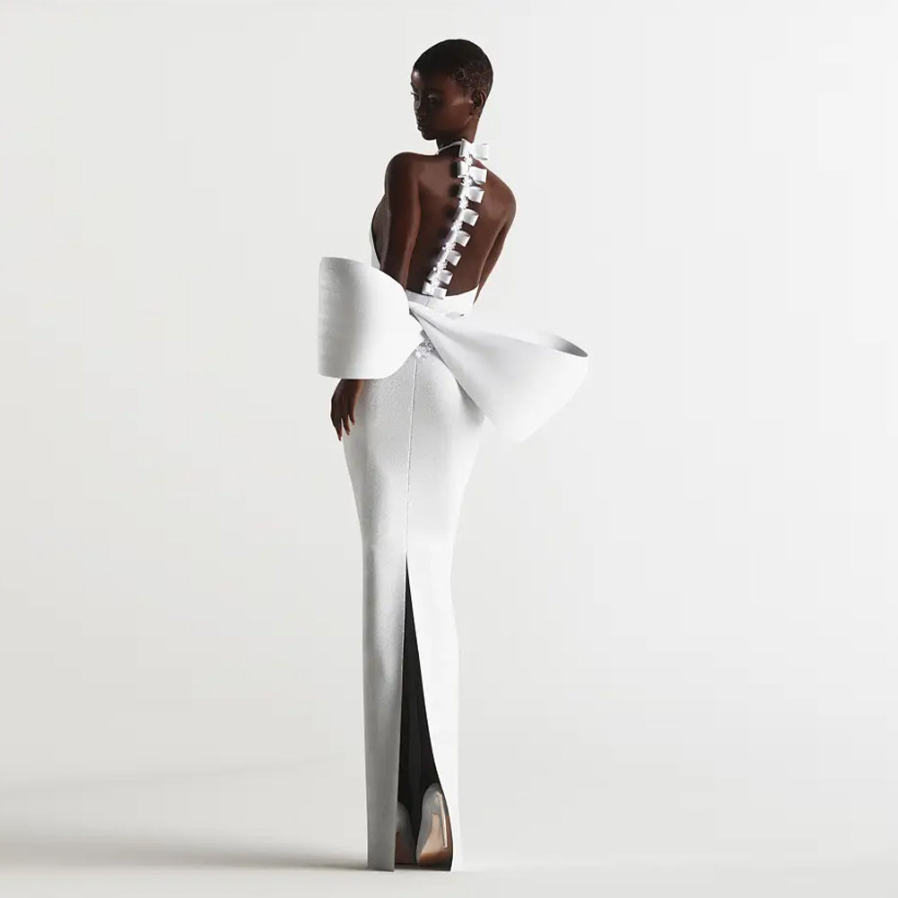 White Halter Neck Backless Maxi Tube Dress with Big Bowknot