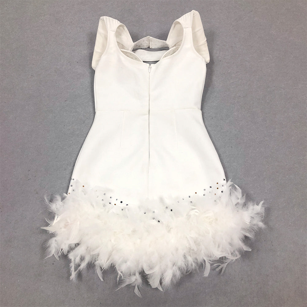 High Neck Sleeveless Feather Mini Bandage Dress HL9754