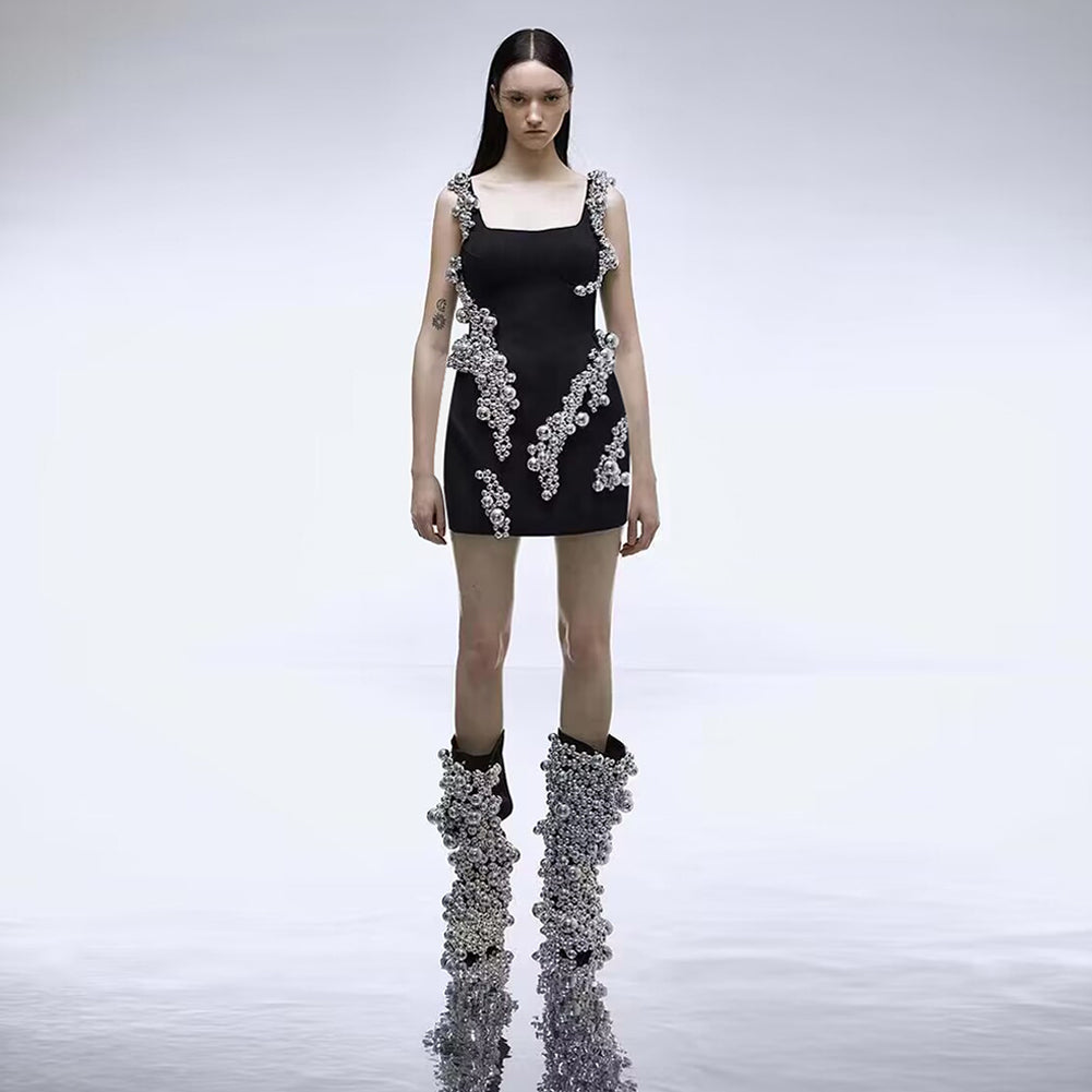 Black Mini Bandage Corset Dress with Big Beads