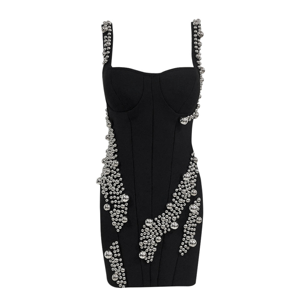 Black Mini Bandage Corset Dress with Big Beads