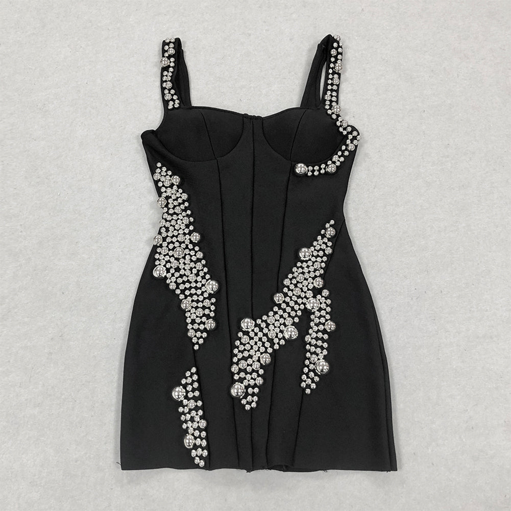 Black Mini Bandage Corset Dress with Big Beads