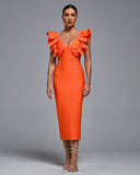 V Neck Ruffle Pearl Midi Bandage Dress