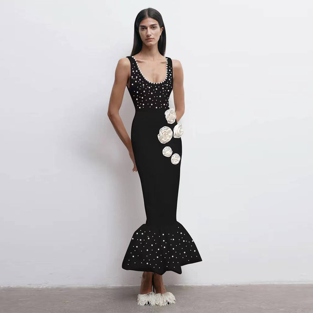 Black Sleeveless Square Neck Pearl Fishtail Dress