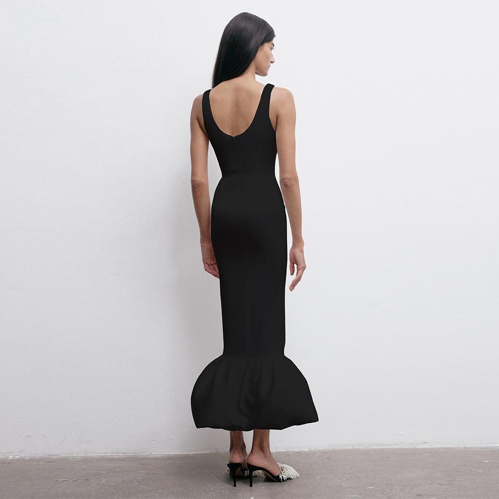 Black Sleeveless Square Neck Pearl Fishtail Dress