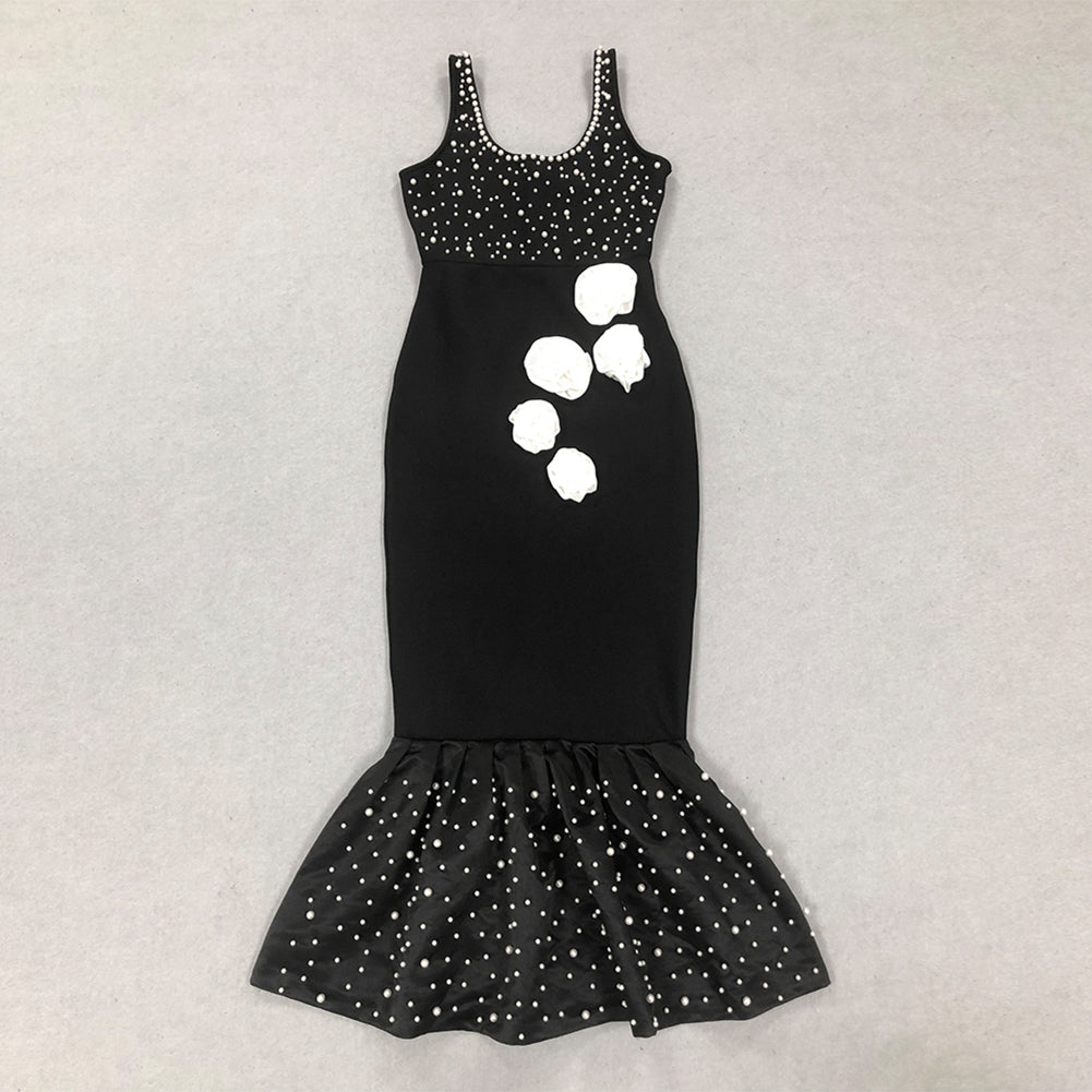Black Sleeveless Square Neck Pearl Fishtail Dress