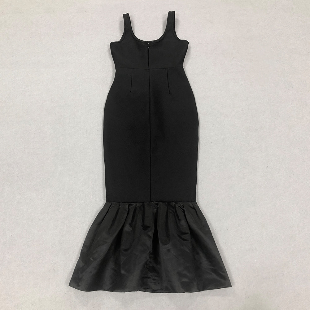 Black Sleeveless Square Neck Pearl Fishtail Dress