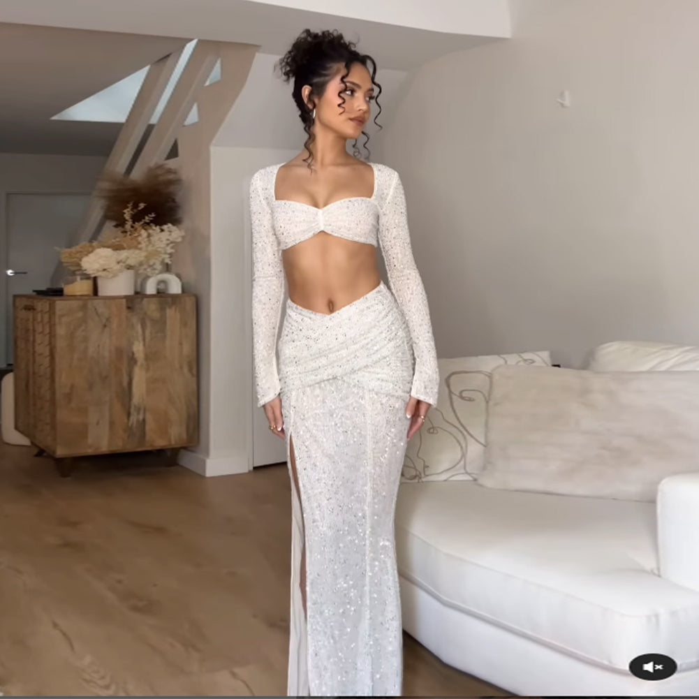 2 Piece White Rihnestone Maxi Ruched Dress