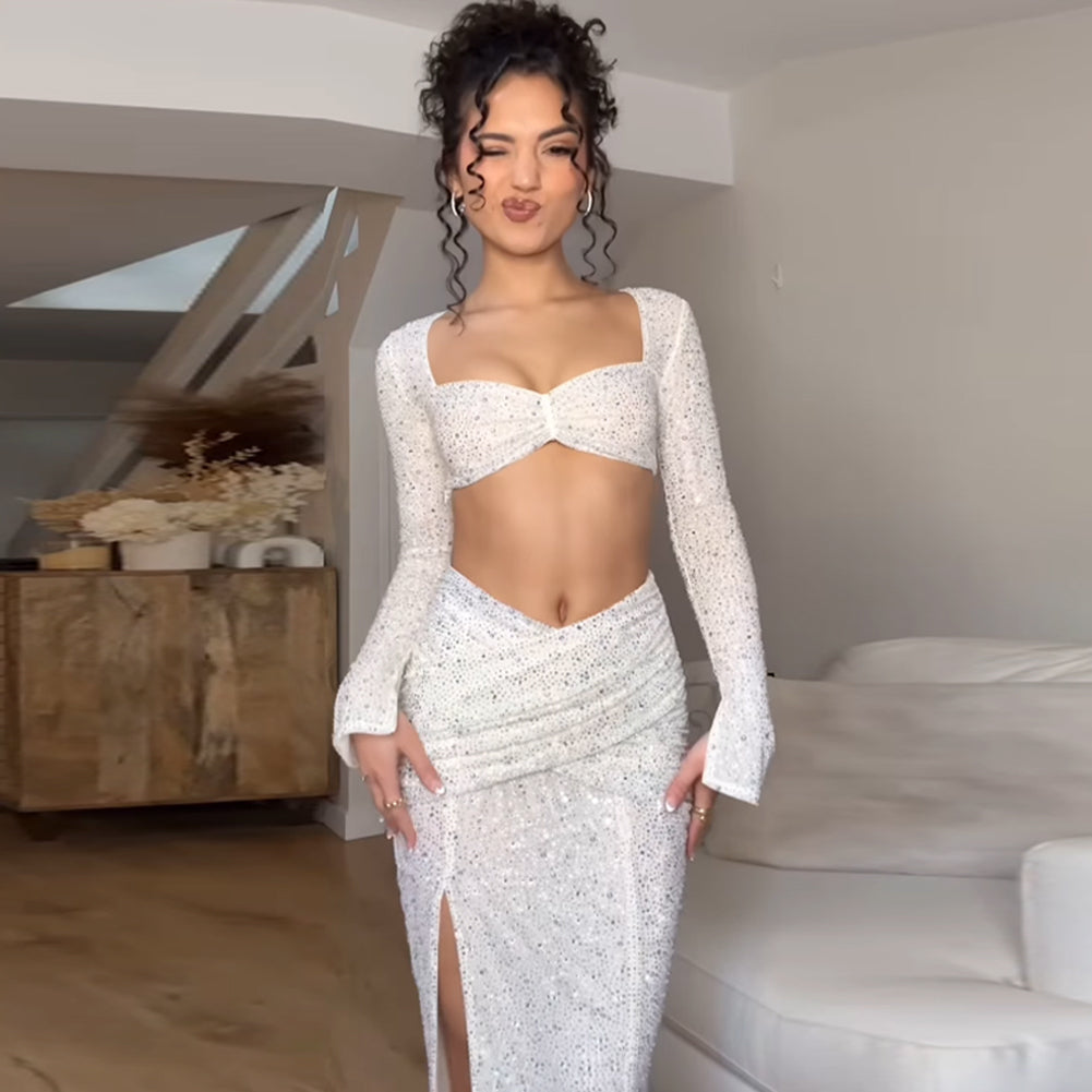 2 Piece White Rihnestone Maxi Ruched Dress