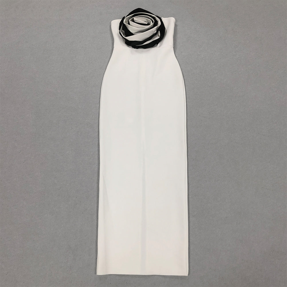 Black & White Floral Off Shoulder Maxi Bandage Dress