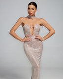 Halter Sweetheart Cutout Sparkly Evening Gown