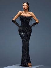 Feather Sequin Corset Evening Gown With Gloves