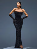 Feather Sequin Corset Evening Gown With Gloves