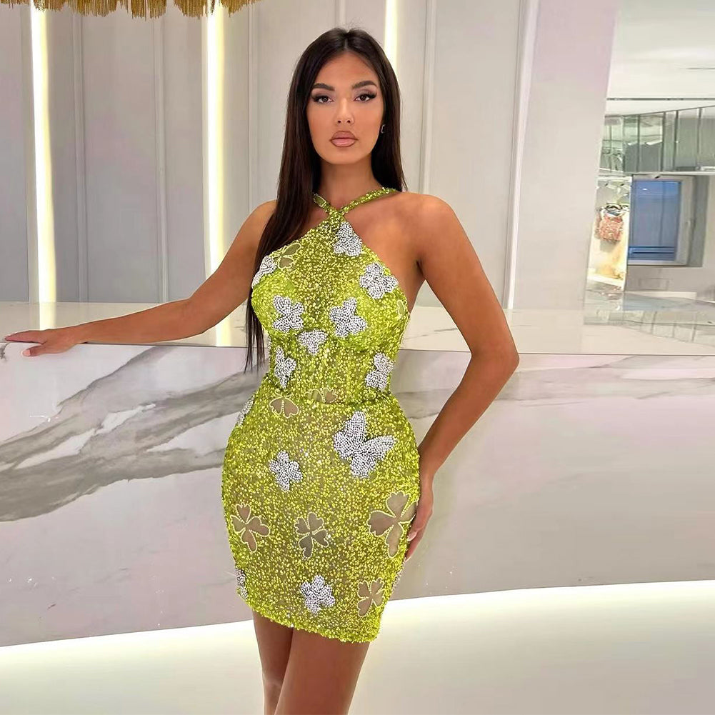 Green Halter Neck Butterflies Mini Sequins Dress