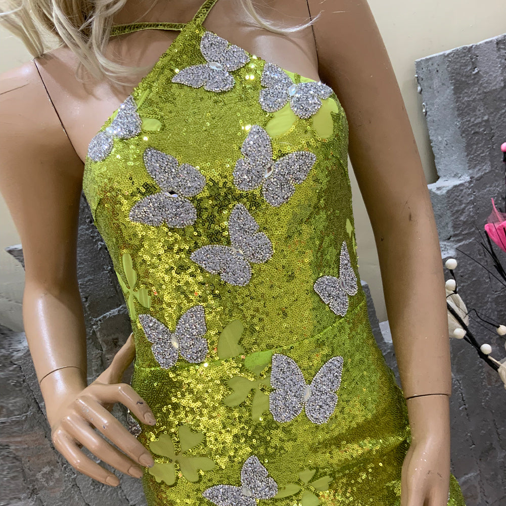 Green Halter Neck Butterflies Mini Sequins Dress