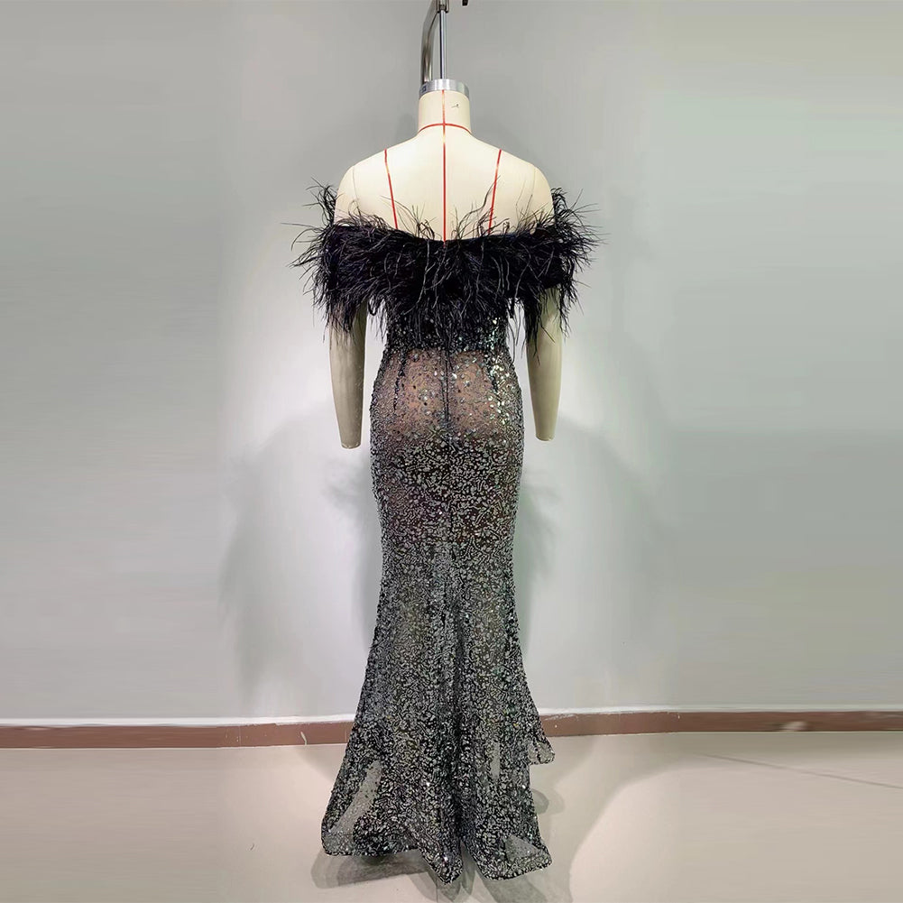 Off Shoulder Feather Maxi Bodycon Dress HT1148