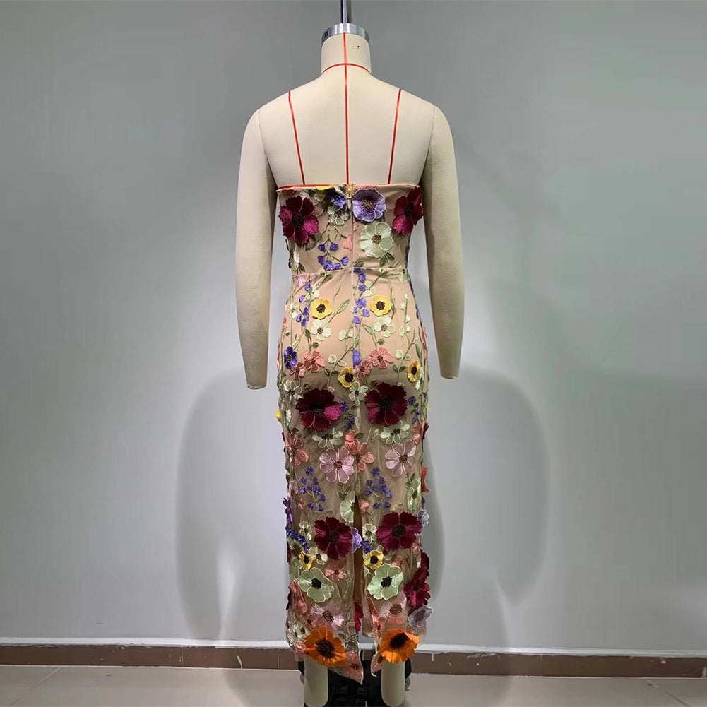 Strapless Sleeveless Flower Midi Bodycon Dress HT1166